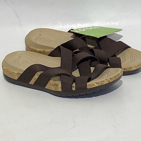 Crocs Women's Brown Tan Edie Strappy Stretch Criss Cross Sandal Size W6 NWT - Picture 1 of 7